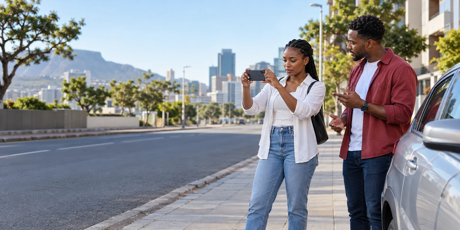 Illustration of two people safely photographing a roadside scene